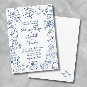 Convite Desenho à Mão Azul Casamento Caprichoso
