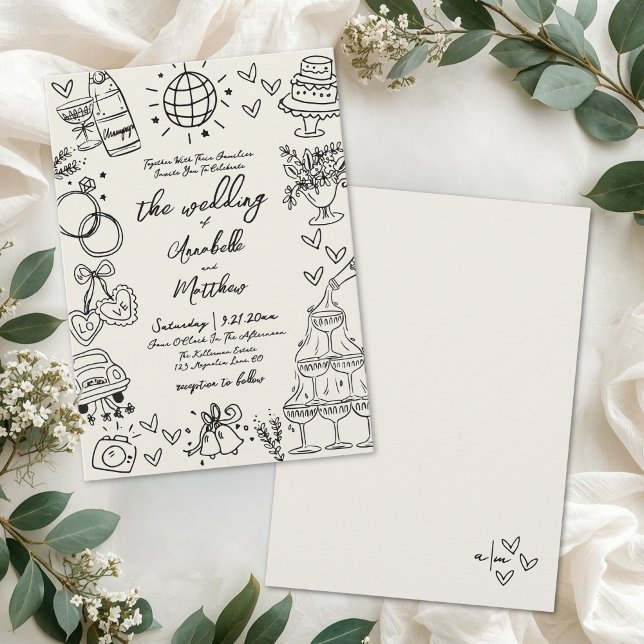 Convite Desenho à Mão Caprichoso Casamento Vintage (Hand Drawn Whimsical Vintage Wedding Invitation)
