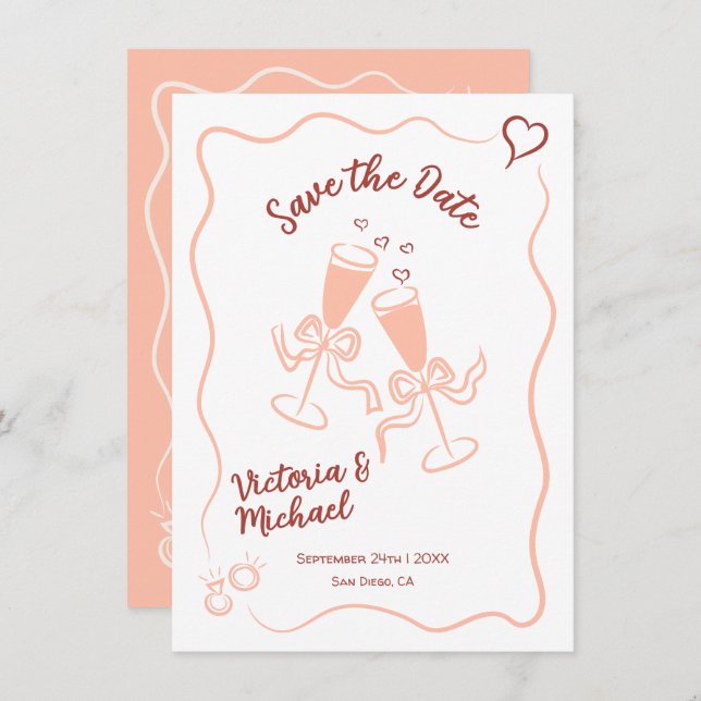 Convite Desenho à Mão Caprichoso Salve a data Casamento (Frente/Verso)