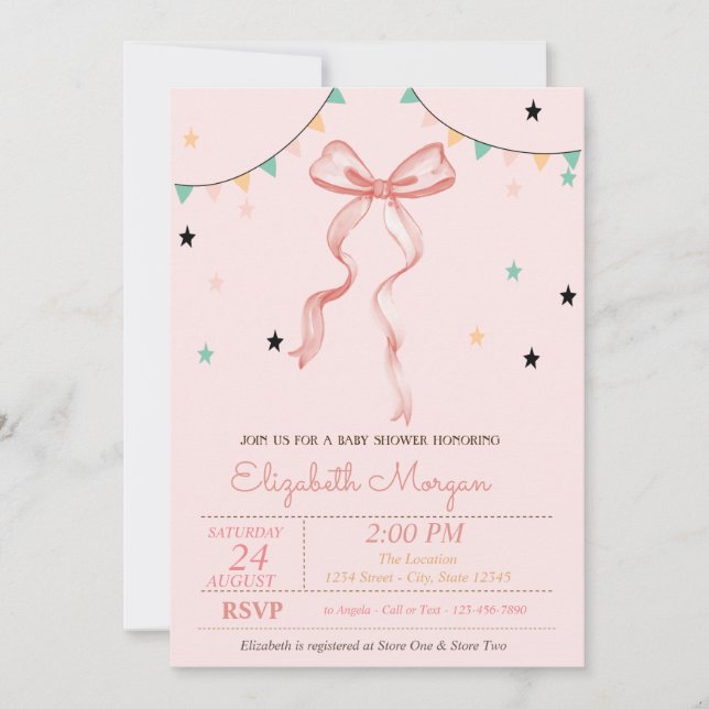 Convite Desenho à Mão de Estrelas com Laço Rosa para Chá d (Frente)