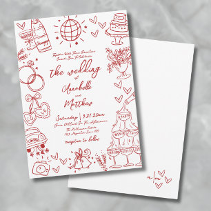 Convite Desenho à Mão Excêntrico Vermelho Casamento Capric