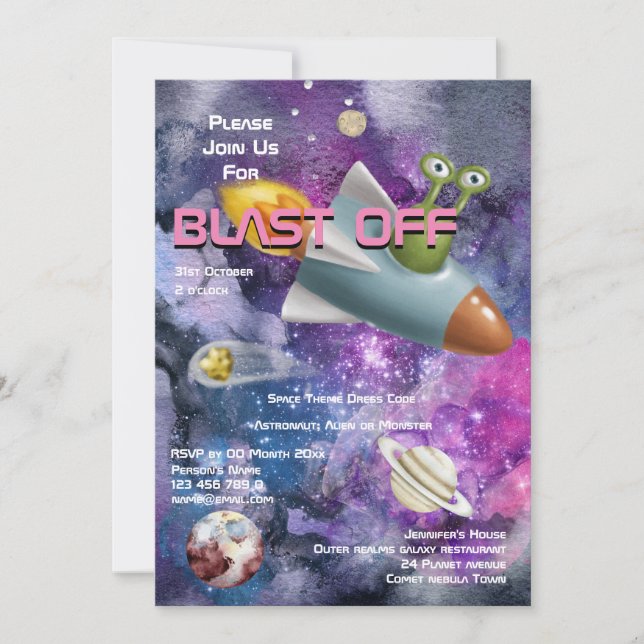 Convite Desenho alienígena fofo festa tema espaço meninas  (Frente)