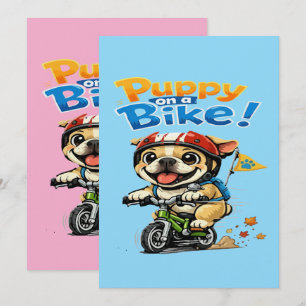 Convite Desenho Animado de Cachorrinho Fofo em uma Bicicle