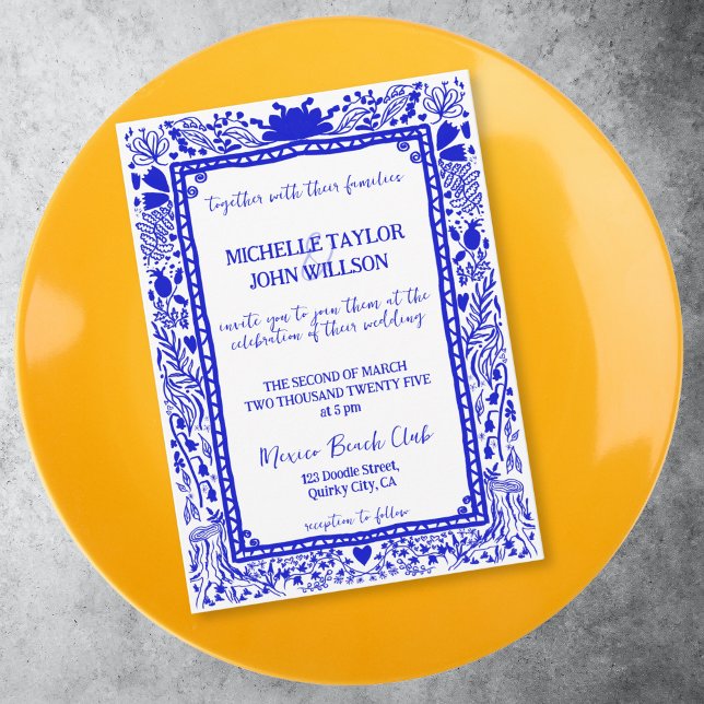 Convite Desenho Da Mão De Um Porte Azul Quente (FRENCH BLUE DOODLE WHIMSICAL WEDDING FRAME INVITATION)