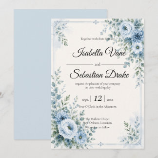 Convite Desenho de Casamento Floral Azul Elegante