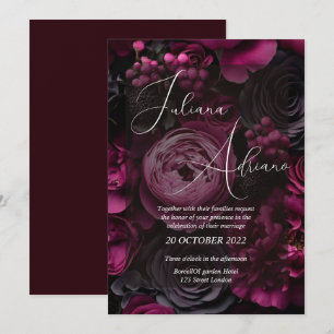 Convite desenho de casamento floral borgonha com rico vinh