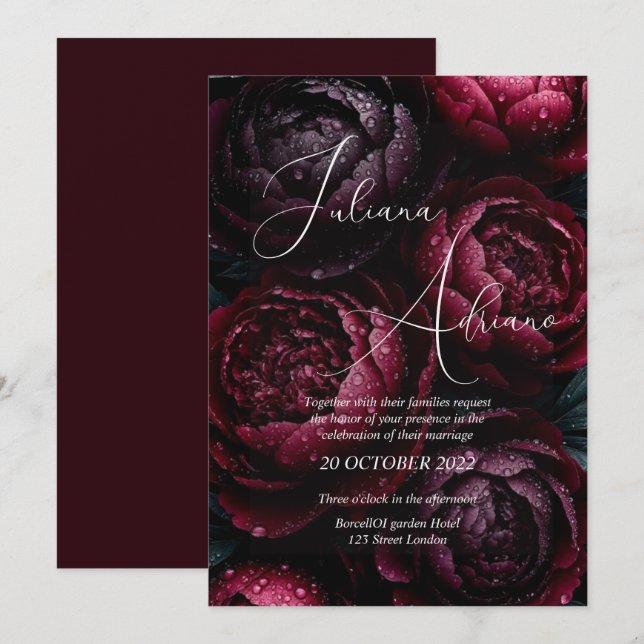 Convite desenho de casamento floral borgonha com rico vinh (Frente/Verso)