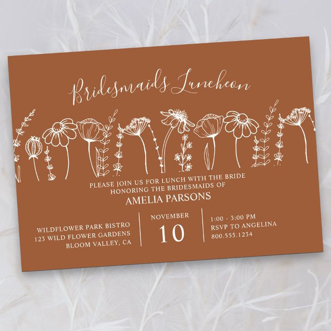 Convite Desenho de Flores Selvagem Laranja Bridesmaids Lun (Bridesmaids Luncheon Invitation in Terracotta Burnt Orange, from my Wildflower Sketch collection)