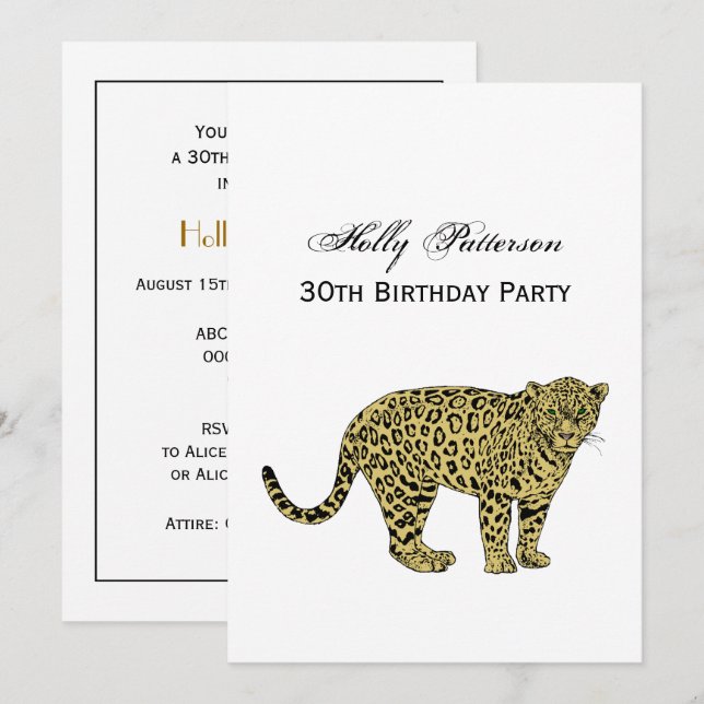 Convite Desenho De Gato Vintage Leopard Cheetah (Frente/Verso)