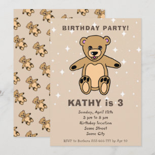 Convite Desenho de Urso de Pelúcia Fofo Bege Aniversário d