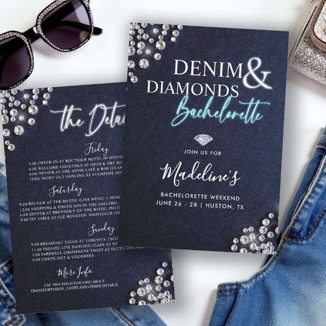 Convite Desenho Diamantes Azul Bachelorette Branco Itinerá (denim diamonds bachelorette party itinerary invitation glowing calligraphy modern classy stylish)