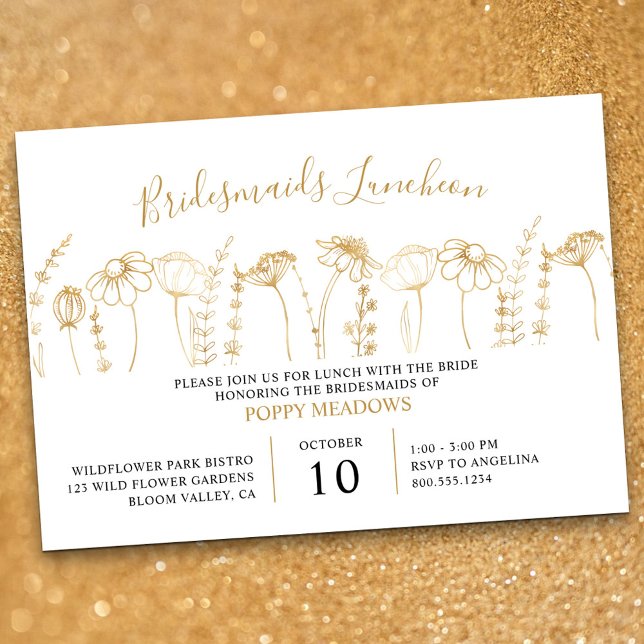 Convite Desenho Dourado de Flor Selvagem Bridesmaids Lunch (Bridesmaids Luncheon invitation in White & Gold, from my Wildflower Sketch collection)