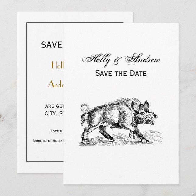 Convite Desenho em Preto e Branco de Javali Antigo #2 (Frente/Verso)