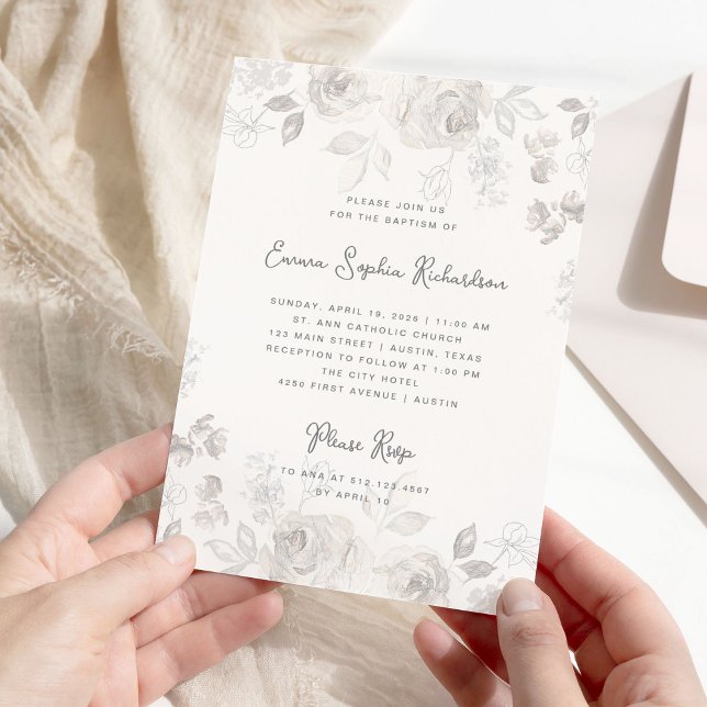Convite Desenho Floral Doce | Batismo Elegante (A sweet, neutral Baptism invitation with elegant sketched flowers)