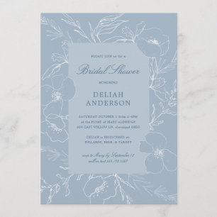 Convite Desenho Mão Peony Dusty Chá de panela Floral Azul