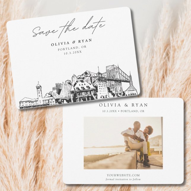 Convite Desenho Skyline do Portland Wedding Salve a Data (Portland Save the Date Black and White Skyline with Engagement Photo)