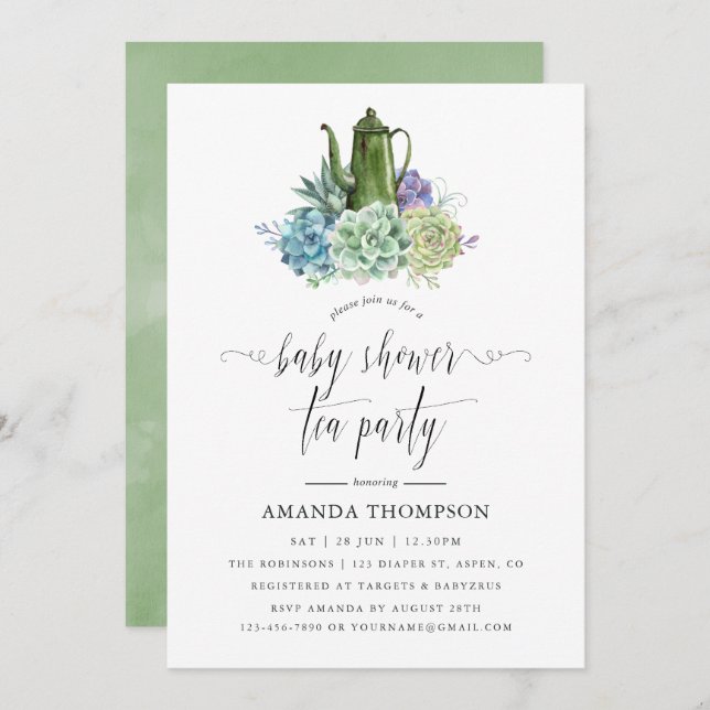 Convite Desert Cactus Succulta Chá de fraldas Tea Party (Frente/Verso)