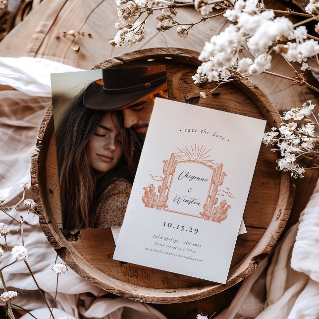 Convite Desert Cactus Western Monograma Salvar a Data (Desert Cactus Western Monogram Save the Date Invitation - Burnt Orange
)