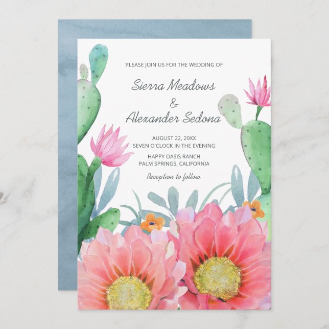 Convite Desert Dream | Boho Watercolor Cactus Wedding (Frente/Verso)