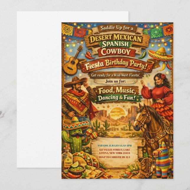 Convite Desert Mexican Spanish Cowboy Fiesta Birthday  (Frente/Verso)