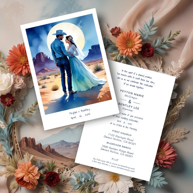 Convite Desert Mountains Colorful landscape Wedding Cowboy (Desert Mountains Colorful landscape Wedding Cowboy Groom & Bride Couple Illustration in Blue Shades.)