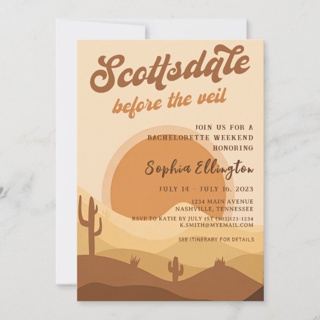 Convite Desert Sunset Scottsdale Bachelorette Itinerary (Frente)
