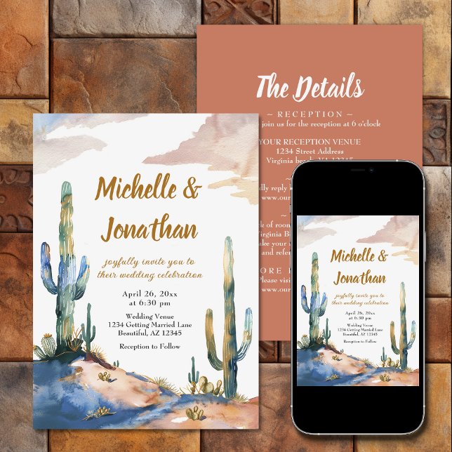 Convite Deserto de Cactus Aquarela em Um Único Casamento (Watercolor Cactus Desert All in One Wedding Invitation)