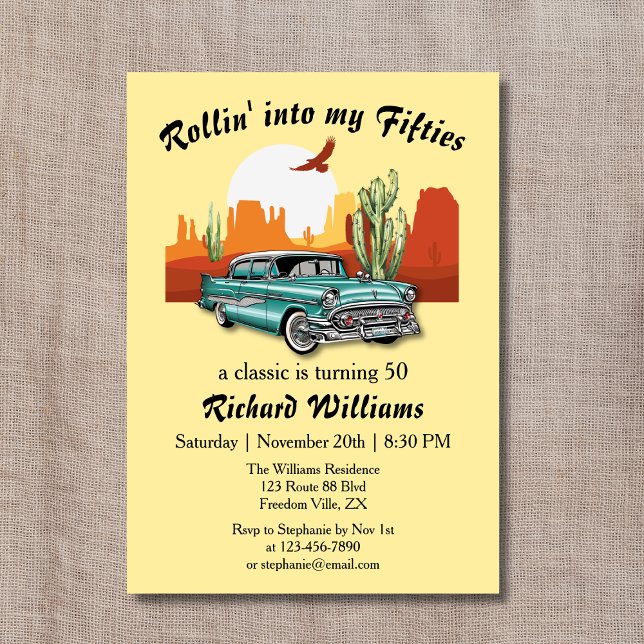 Convite Deserto de Carro Azul Clássico, Retro, masculino 5 (Criador carregado)