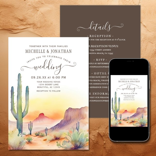 Convite Deserto do Sudoeste Cactus Tudo em Um Casamento (Printed and Digital - Southwestern Desert Cactus All in One Wedding Invitation)