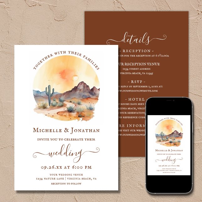 Convite Deserto Do Sudoeste Por Aquarela Em Um Único Casam (Printed (Front and Back) and Digital - Watercolor Southwestern Desert All In One Wedding Invitation)
