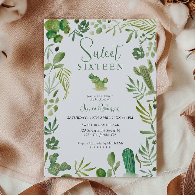 Convite Deserto tropical verde de Boho cactus Sweet 16 (Boho cactus green tropical desert Sweet 16 Invitation)