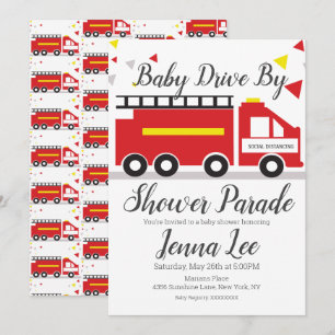 Convite Desfile de Chuvinha de Bebê com Caminhão de Bombei