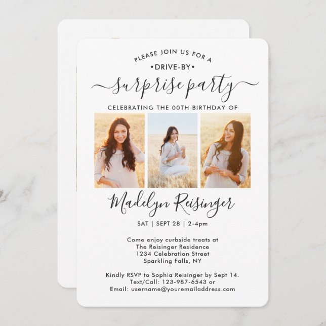 Convite Desfile de Festa de aniversário Surpresa com 4 Fot (Frente/Verso)