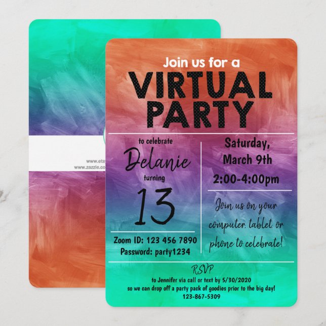 Convite Design Aquarela de Festa de Aniversário Virtual (Frente/Verso)