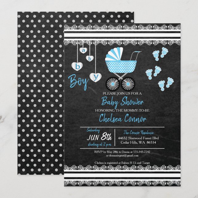 Convite Design 👶 Chá Baby Boy Chalkboard (Frente/Verso)