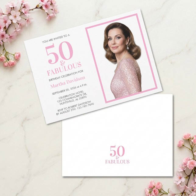 Convite Design de Aniversário de 50 & Fabuloso com Foto Co (50 & Fabulous Pink Photo Birthday Design Invitation)