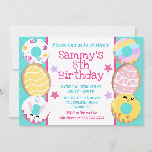 Convite Design de Aniversário de Donut de Páscoa Pastel (Frente)