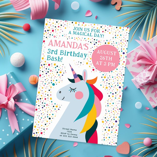 Convite Design de aniversário editável do Rainbow Unicorn (Criador carregado)