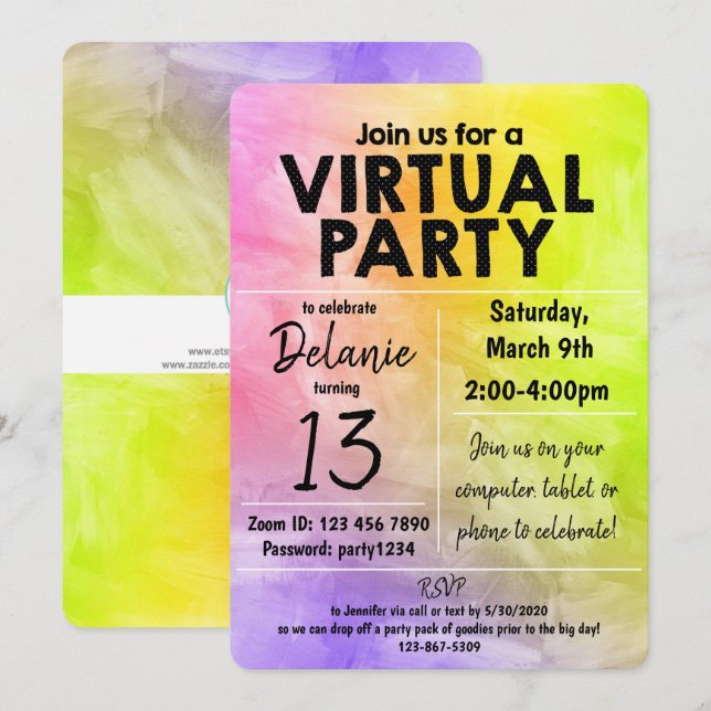 Convite Design de Aquarela para Festa de Aniversário Virtu (Frente/Verso)