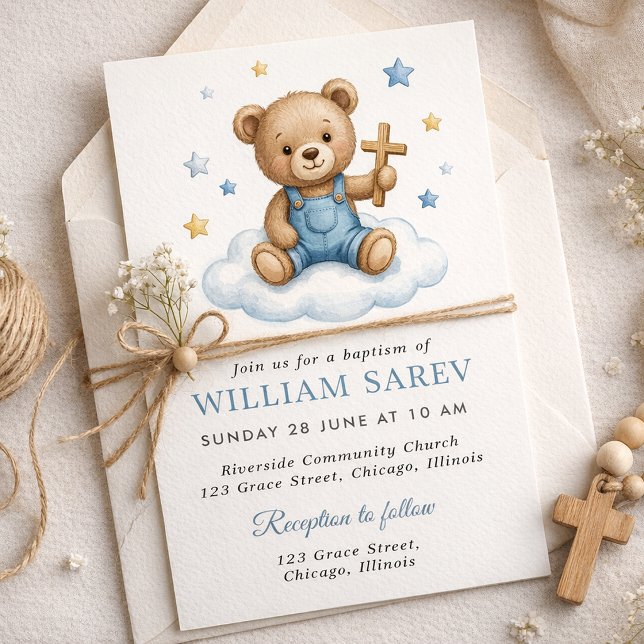 Convite Design de Batizado de Urso Teddy Fofo com Estrelas (Criador carregado)