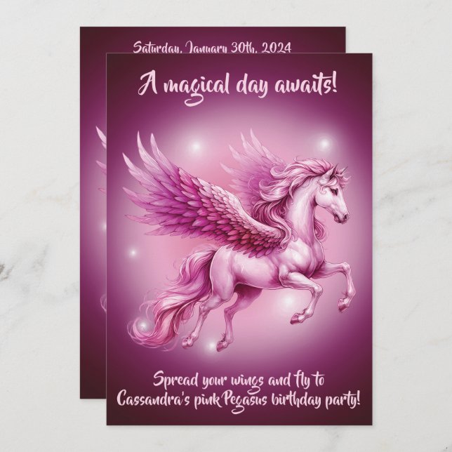 Convite Design de Birthday Pink Pegasus Fantasy (Frente/Verso)