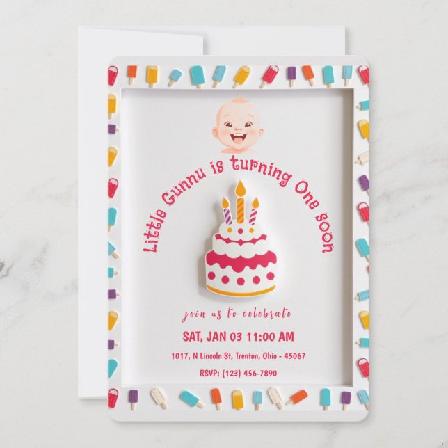 Convite Design de Bolo de Aniversário com Borda de Picolé (Frente)