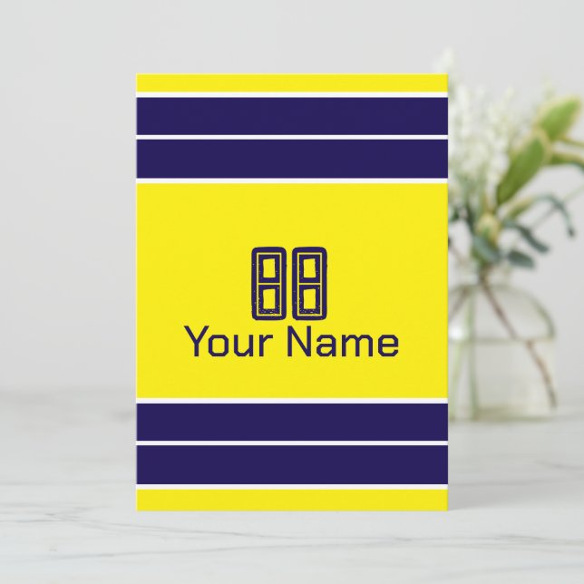 Convite Design de Burlap de Strips Amarelo e Azul Personal (Em pé/Frente)