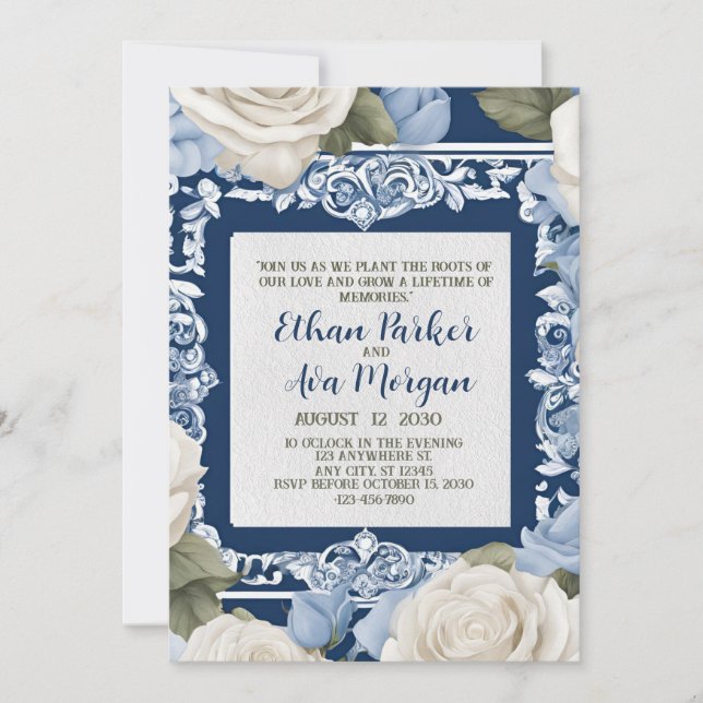 Convite Design de Casamento de Rosa Azul e Branca (Frente)