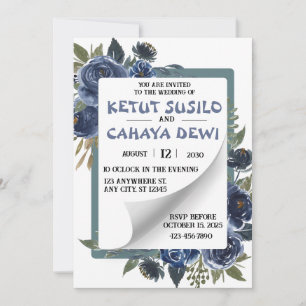 Convite Design de Casamento de Rosa Azul e Branca