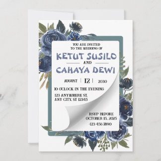 Convite Design de Casamento de Rosa Azul e Branca