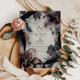 Convite Design de Casamento Floral Branco e Preto Moody