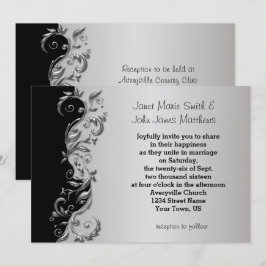 Convite Design de Casamento Floral Elegante Preto e Prata