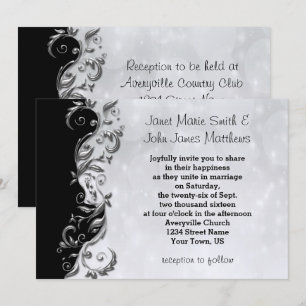 Convite Design de Casamento Floral Negro e Prata