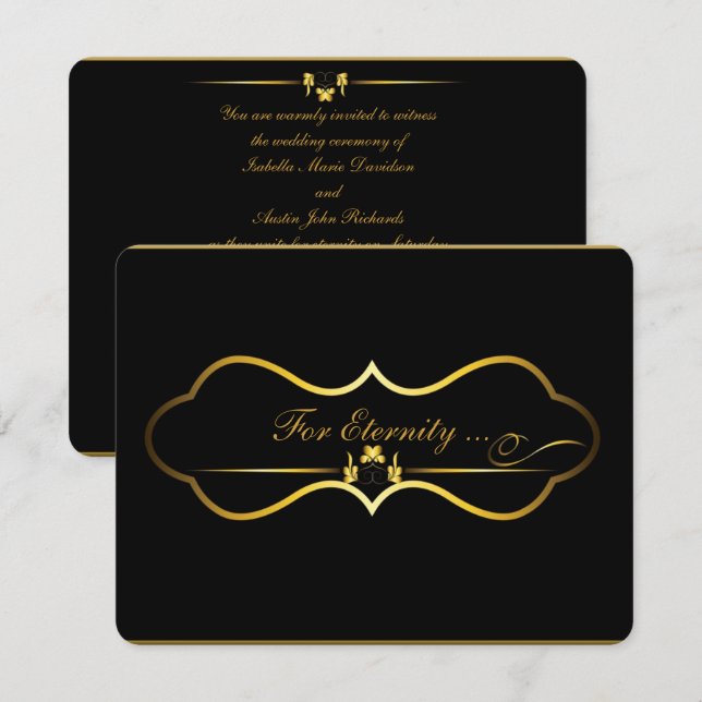 Convite design de casamento preto e dourado contemporâneo (Frente/Verso)